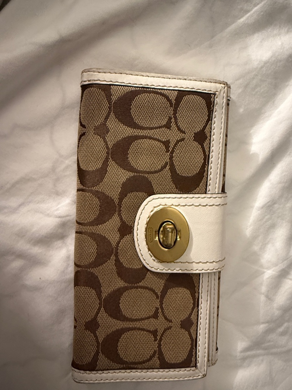Coach Signature Canvas Turnlock Wallet in Brown and White